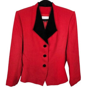 Preston & York 3 Button Blazer Jacket Red Black Velvet Trim Size 10‎